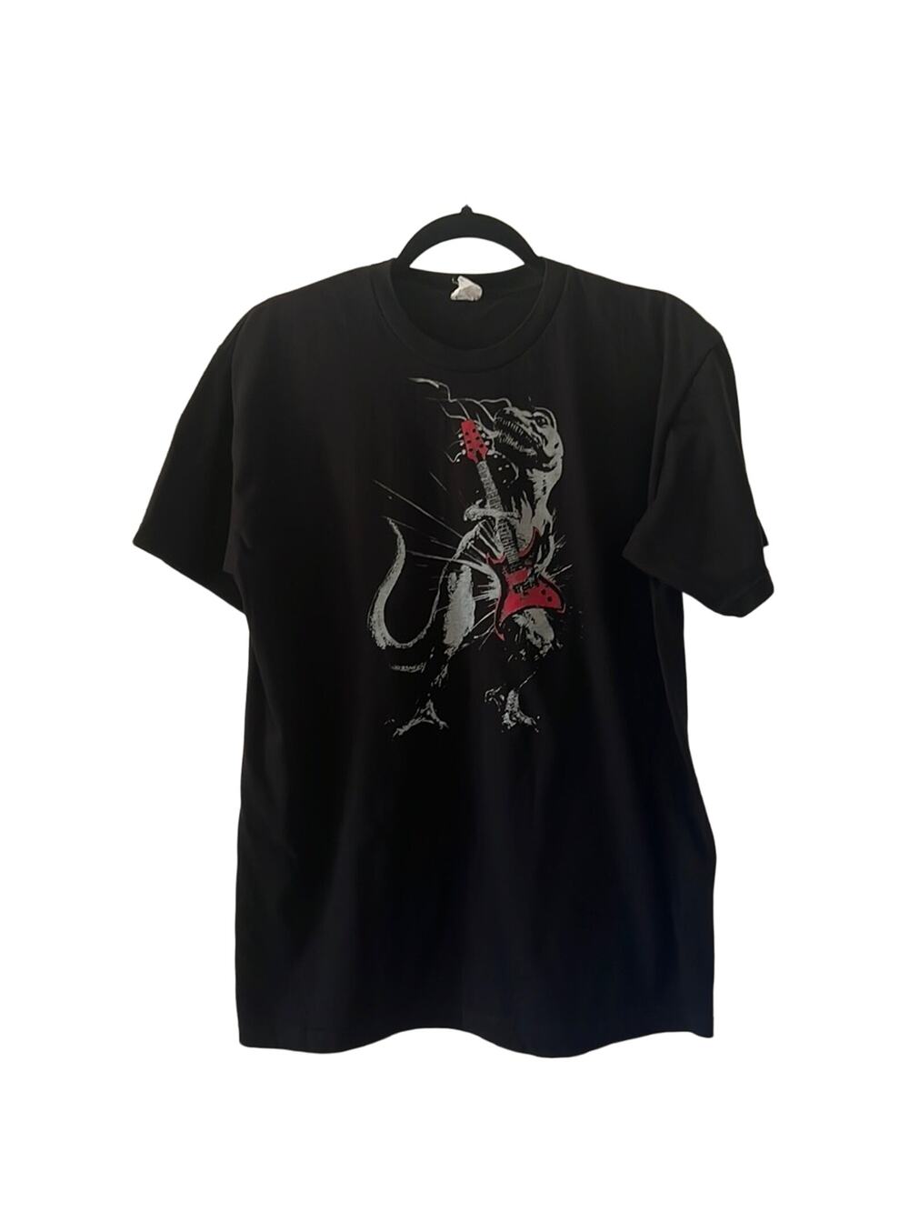Cygrus Mens Large Black Tee Shirt T-Rex Guitar Graphic